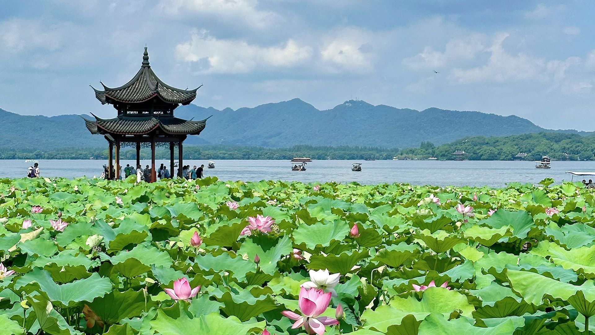 West Lake in Hangzhou with traditional pavilion scenery