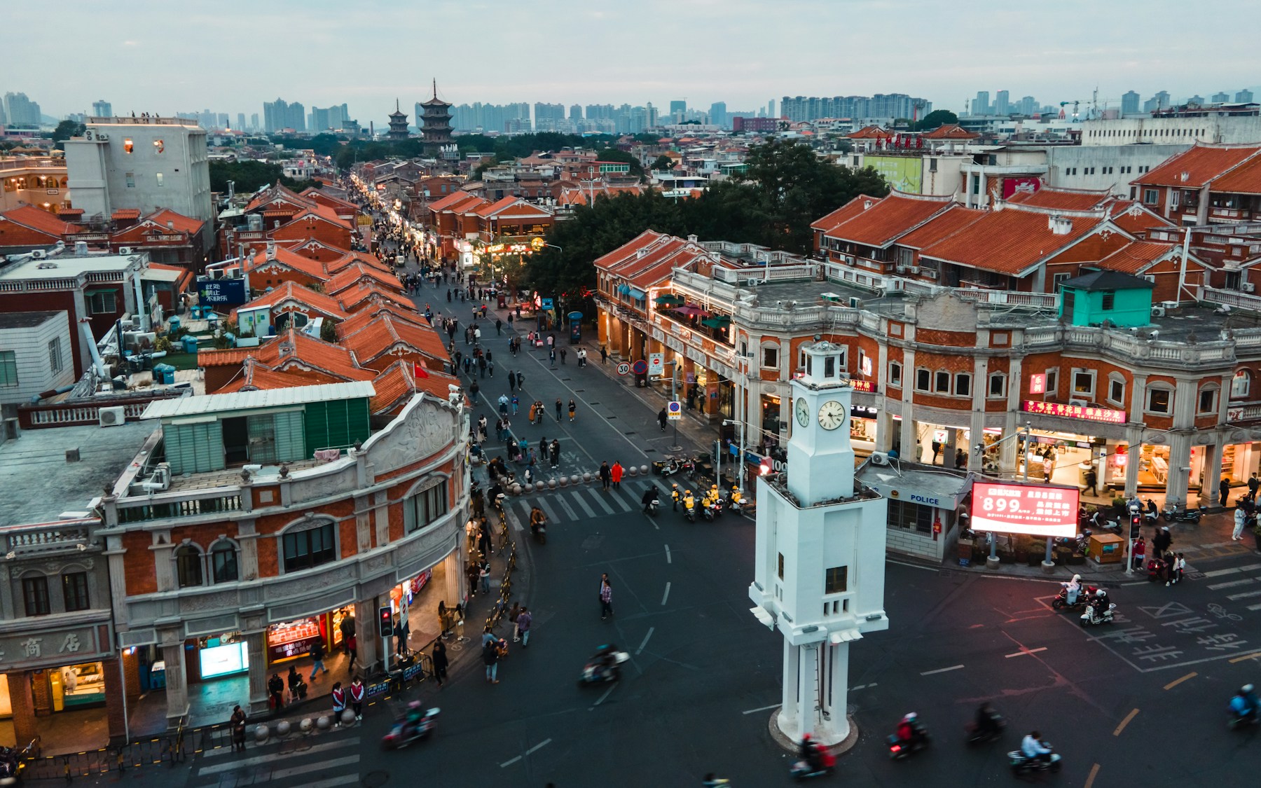 Xiamen Zhongshan Road clock tower at dusk