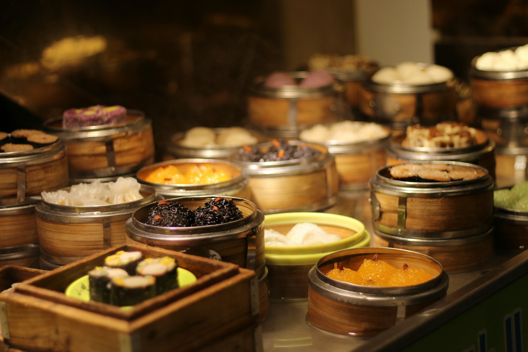 Rows of bamboo steamers filled with Cantonese dim sum